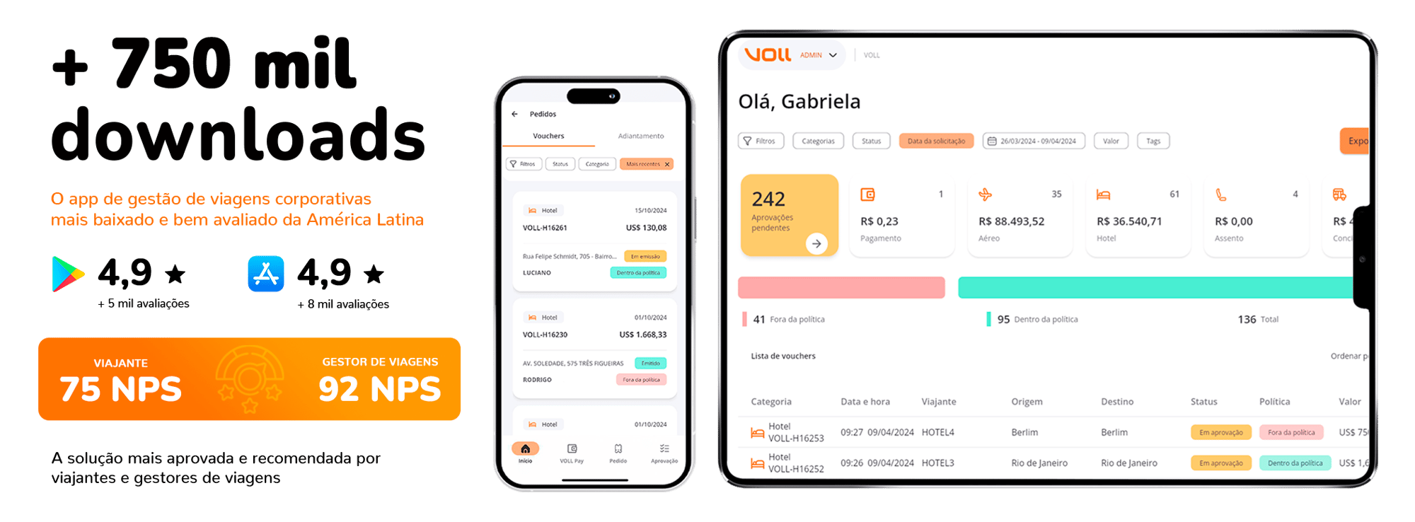 O app VOLL é a plataforma de viagens corporativas mais baixada da América Latina. São mais de 700 mil downloads e notas 4,9 nas lojas de aplicativos. Além disso, é a solução para gestão de viagens que os viajantes amam e que os gestores de viagens das maiores empresas do país recomendam.