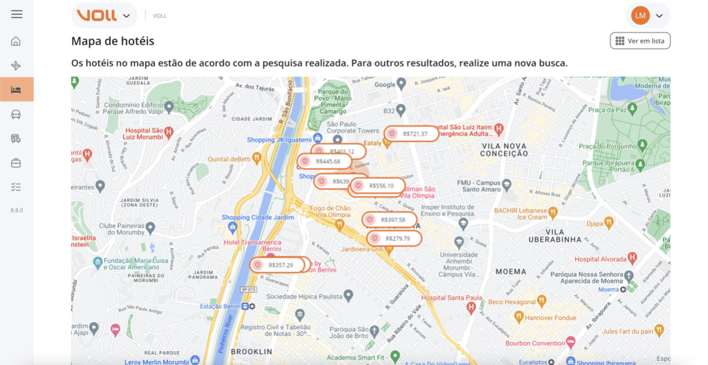 
Gestão de viagens - Visualização de hotéis pelo mapa interativo no self-booking