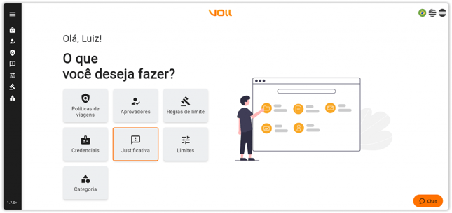 Tela VOLL: "O que deseja fazer?" com a opção "Justificativa" delineada.