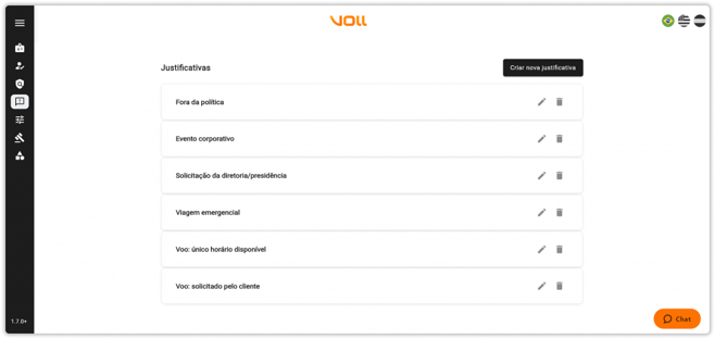 Tela VOLL: opções de justificativas