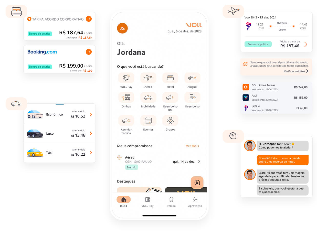 Telas do app VOLL, mostrando a jornada completa do viajante, contendo reservas de hotéis, solicitação de transporte urbano, passagens aéreas e chat ao vivo