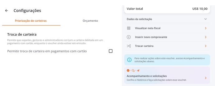 Troca de carteira em pagamento com cartão