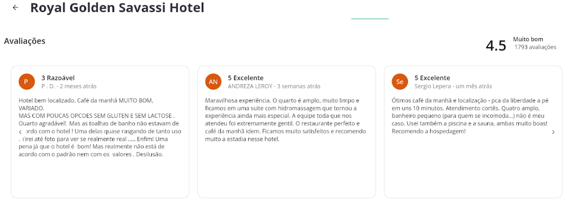 VOLL Product Release 9.5: Exemplo de visualização de avaliações de hotéis advindas do Google, dentro do app VOLL