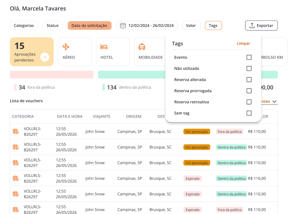 Tela do app VOLL indicando onde está a opção sem tag nos filtros da tela
