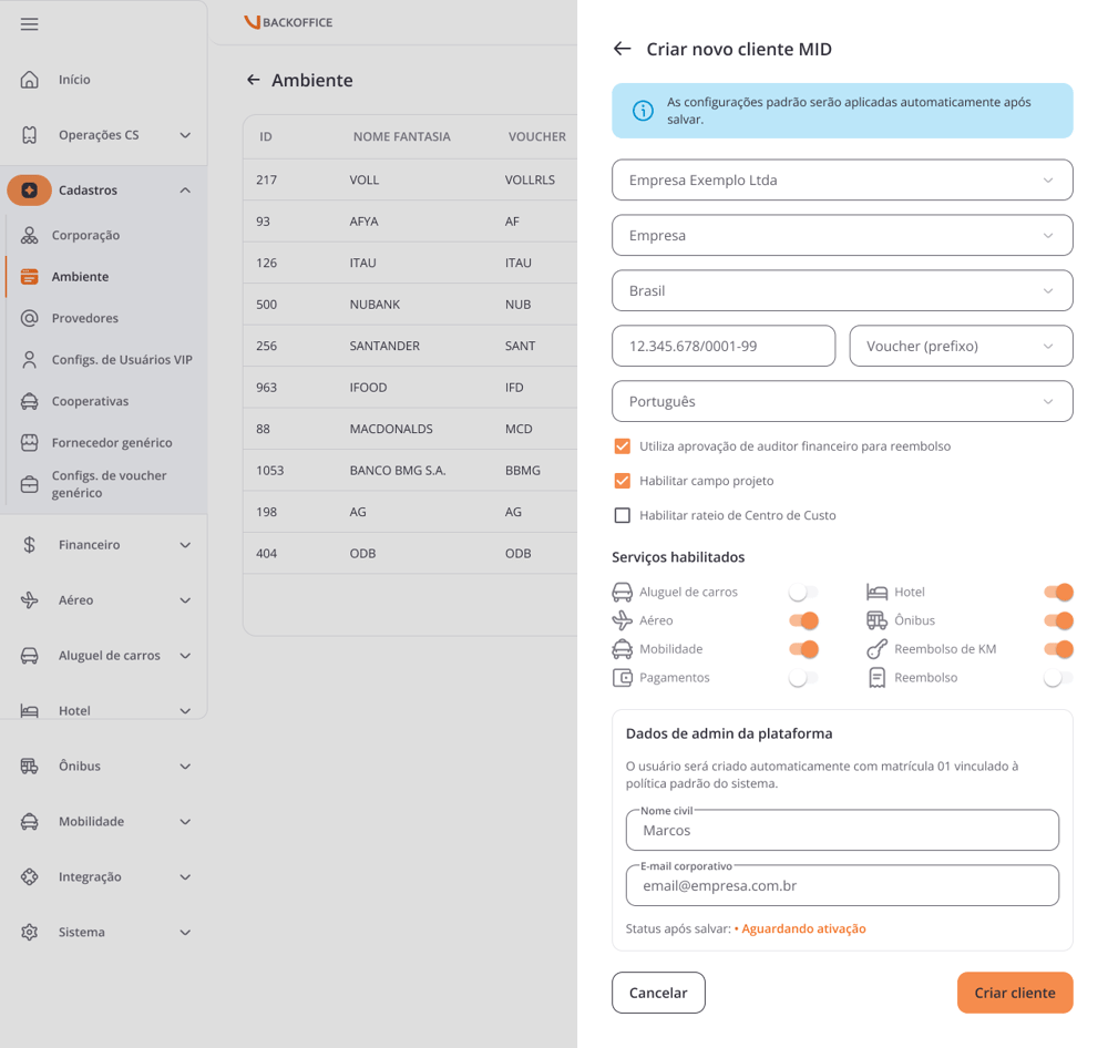 Tela do app VOLL exibindo onde ativar o rateio de centro de custo