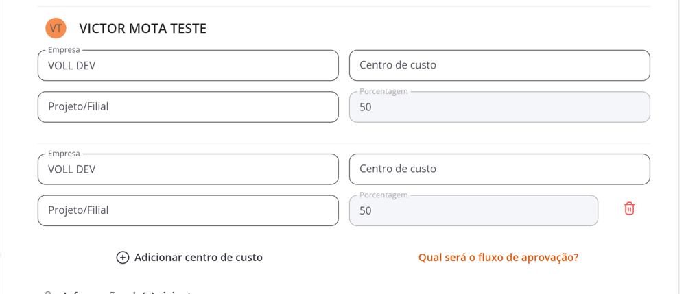 Tela do app VOLL indicando o rateio de despesas na criação do voucher de locação