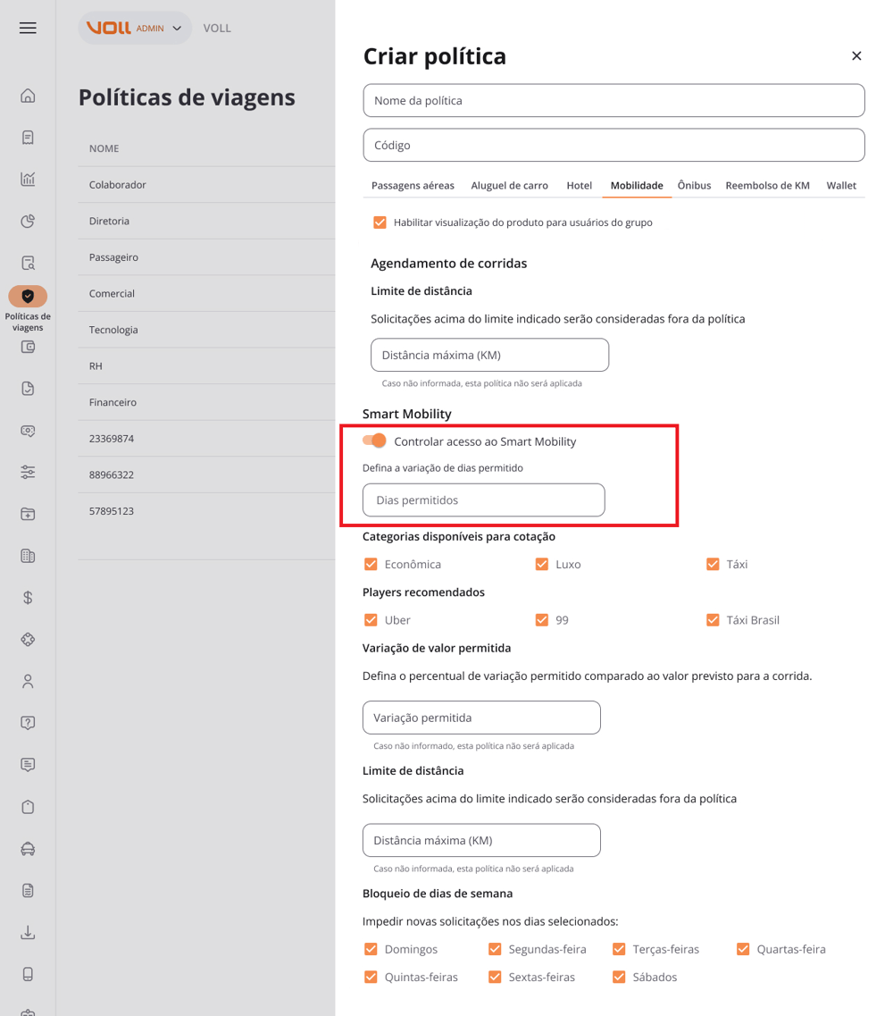 Tela do app VOLL traz como destaque o campo no qual é possível ativar o acesso temporário ao Smart Mobility