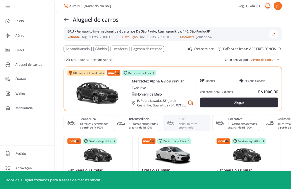 Tela do app VOLL indicando o botão de compartilhamento do módulo de locação