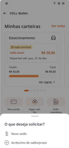Tela inicial do app VOLL indicando onde solicitar acréscimo de saldo