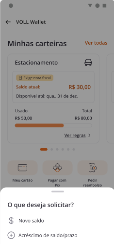 Tela inicial do app VOLL indicando onde solicitar acréscimo de saldo